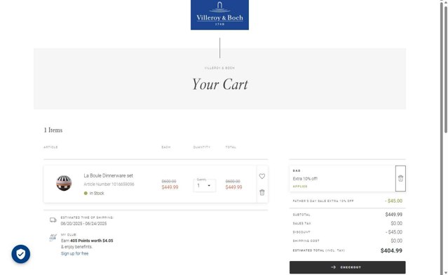 Villeroy & Boch checkout page showing Villeroy & Boch promo code box | Screenshot taken by SimplyCodes community member on Jun 15, 2025