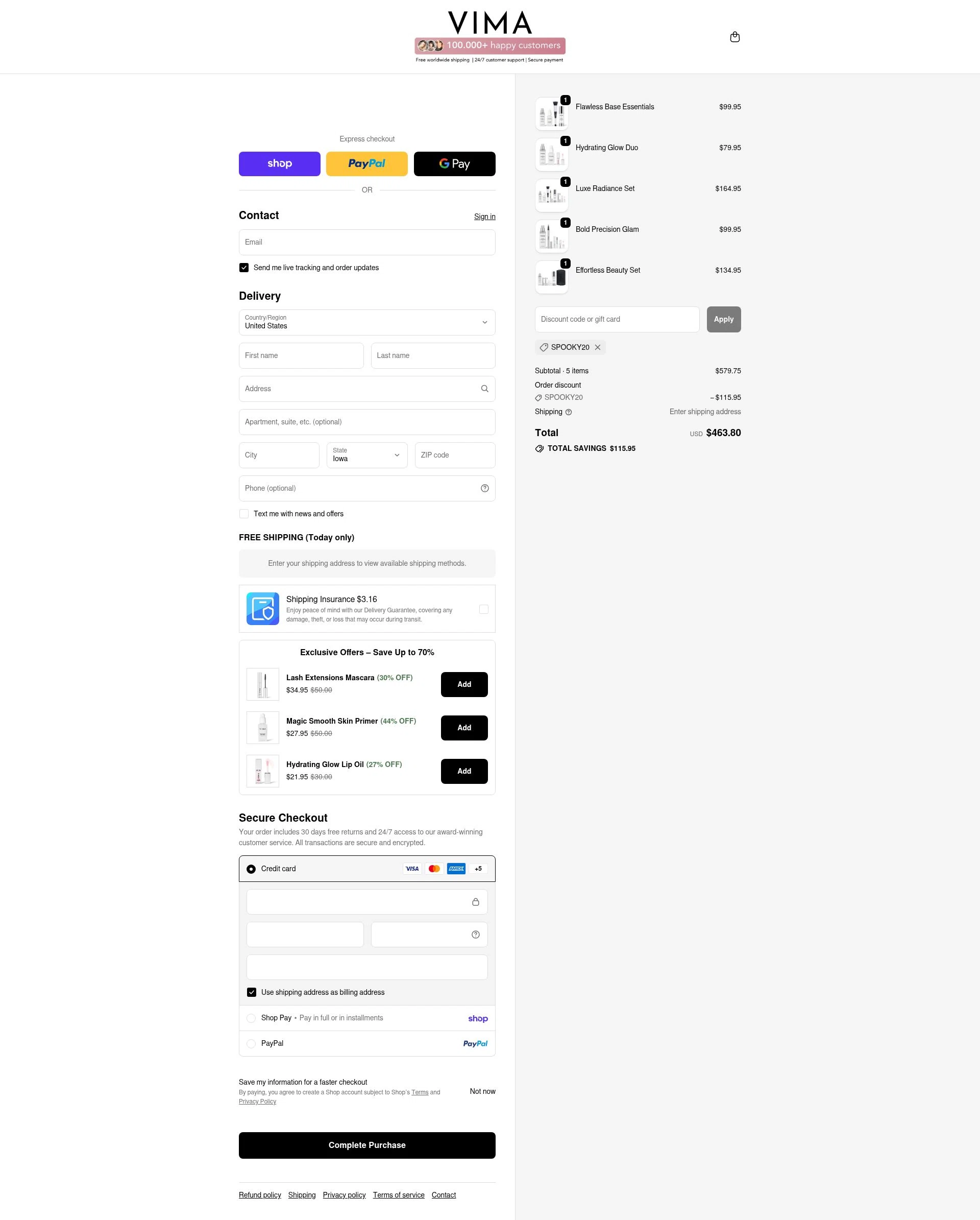 VIMA Cosmetics checkout page showing VIMA Cosmetics promo code box | Screenshot taken by SimplyCodes community member on Feb 15, 2026