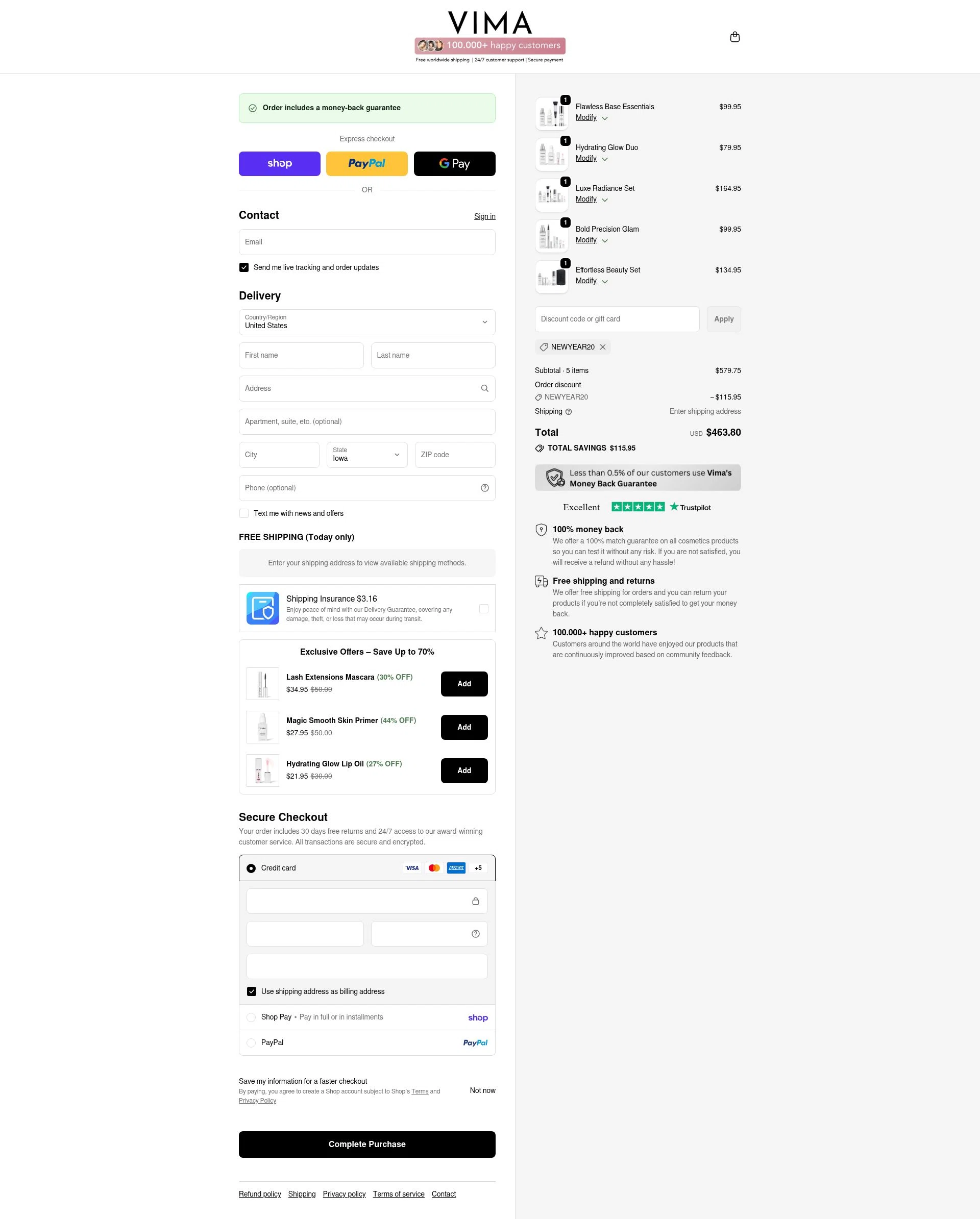 VIMA Cosmetics checkout page showing VIMA Cosmetics promo code box | Screenshot taken by SimplyCodes community member on Feb 15, 2026