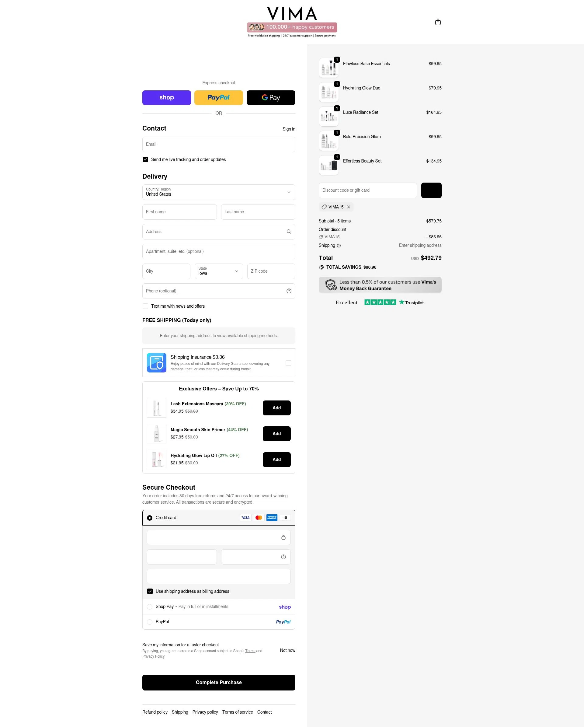VIMA Cosmetics checkout page showing VIMA Cosmetics promo code box | Screenshot taken by SimplyCodes community member on Feb 15, 2026