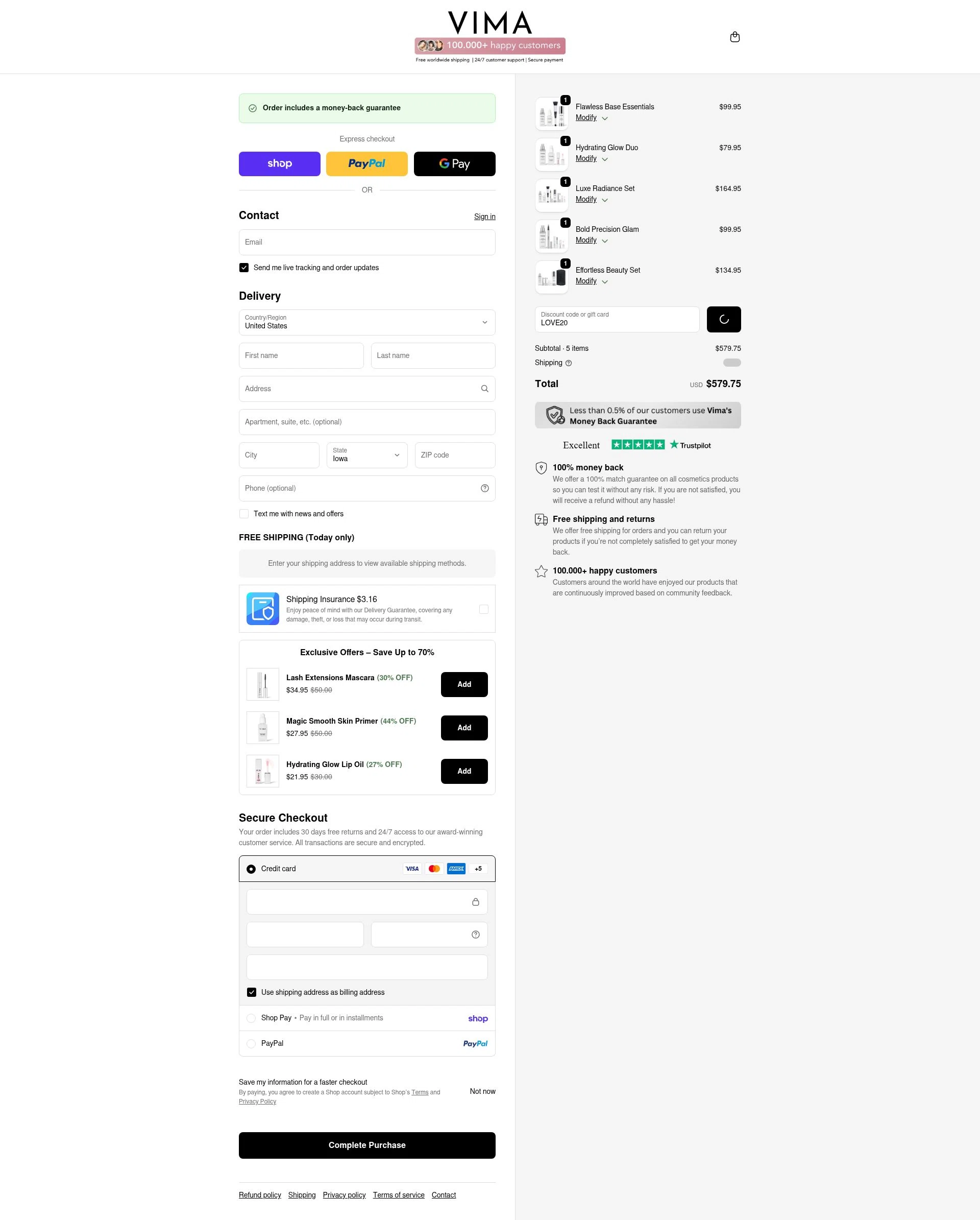 VIMA Cosmetics checkout page showing VIMA Cosmetics promo code box | Screenshot taken by SimplyCodes community member on Feb 15, 2026
