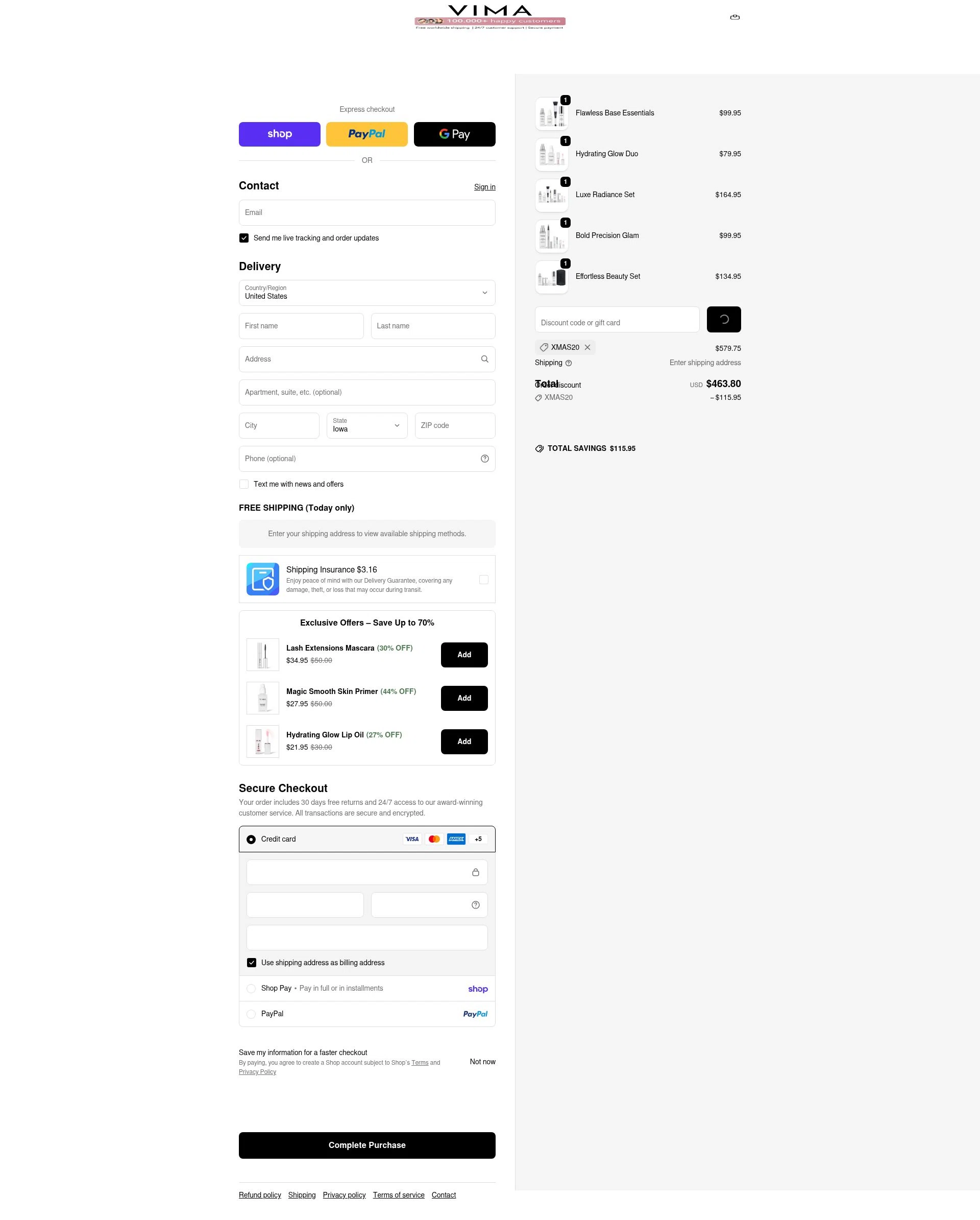 VIMA Cosmetics checkout page showing VIMA Cosmetics promo code box | Screenshot taken by SimplyCodes community member on Feb 15, 2026