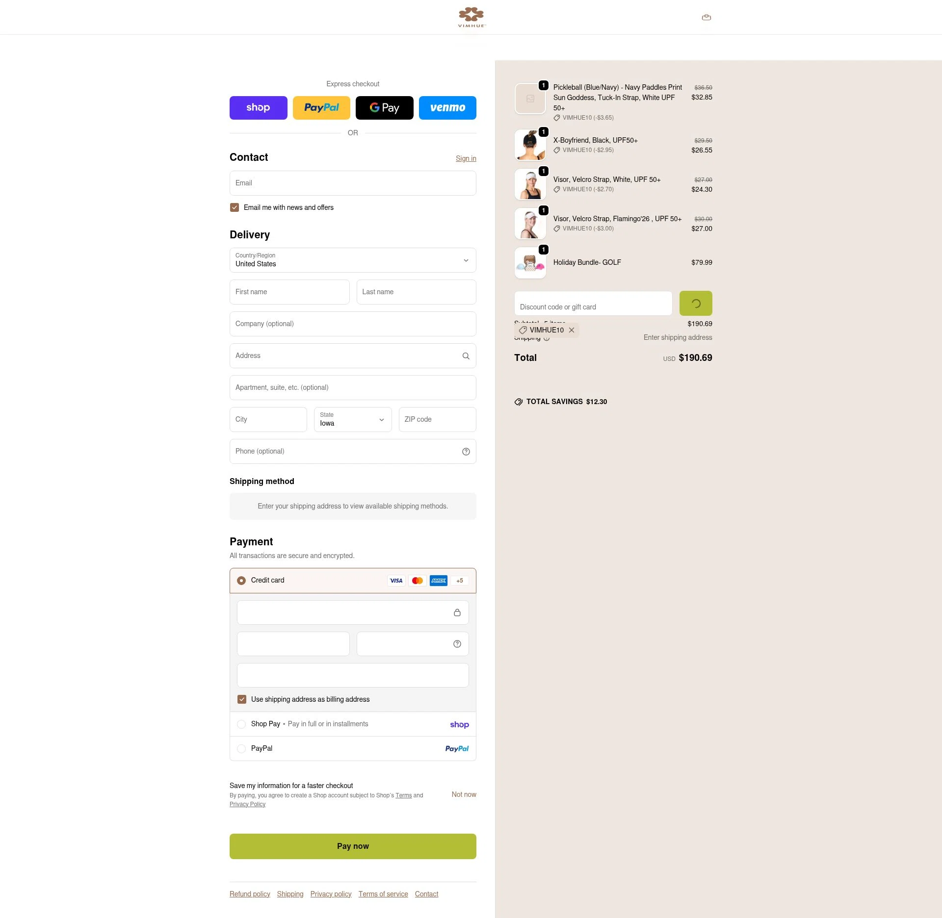 VimHue checkout page showing VimHue discount code box | Screenshot taken by SimplyCodes community member on Feb 16, 2026
