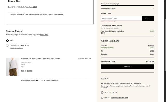 Vince checkout page showing Vince promo code box | Screenshot taken by SimplyCodes community member on Aug 27, 2025