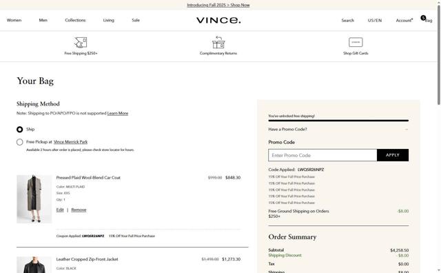 Vince checkout page showing Vince promo code box | Screenshot taken by SimplyCodes community member on Sep 5, 2025