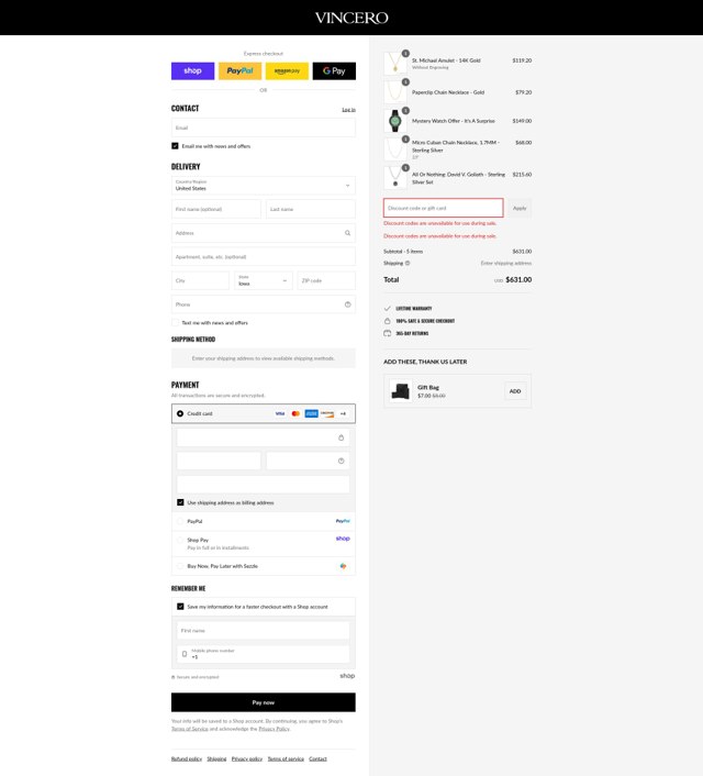 Vincero checkout page showing Vincero discount code box | Screenshot taken by SimplyCodes community member on Sep 2, 2025