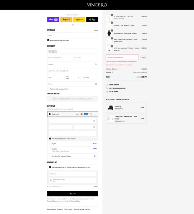 Vincero checkout page showing Vincero discount code box | Screenshot taken by SimplyCodes community member on Aug 24, 2025