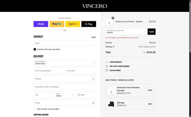 Vincero checkout page showing Vincero discount code box | Screenshot taken by SimplyCodes community member on Aug 29, 2025