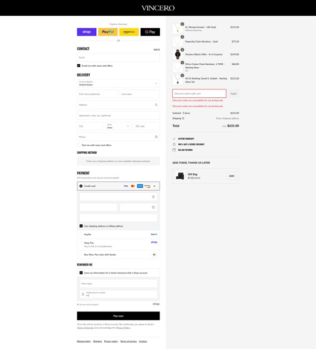 Vincero checkout page showing Vincero discount code box | Screenshot taken by SimplyCodes community member on Sep 2, 2025