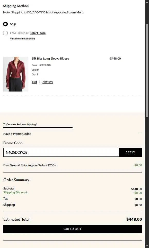 Vince Unfold checkout page showing Vince Unfold promo code box | Screenshot taken by SimplyCodes community member on Oct 3, 2025