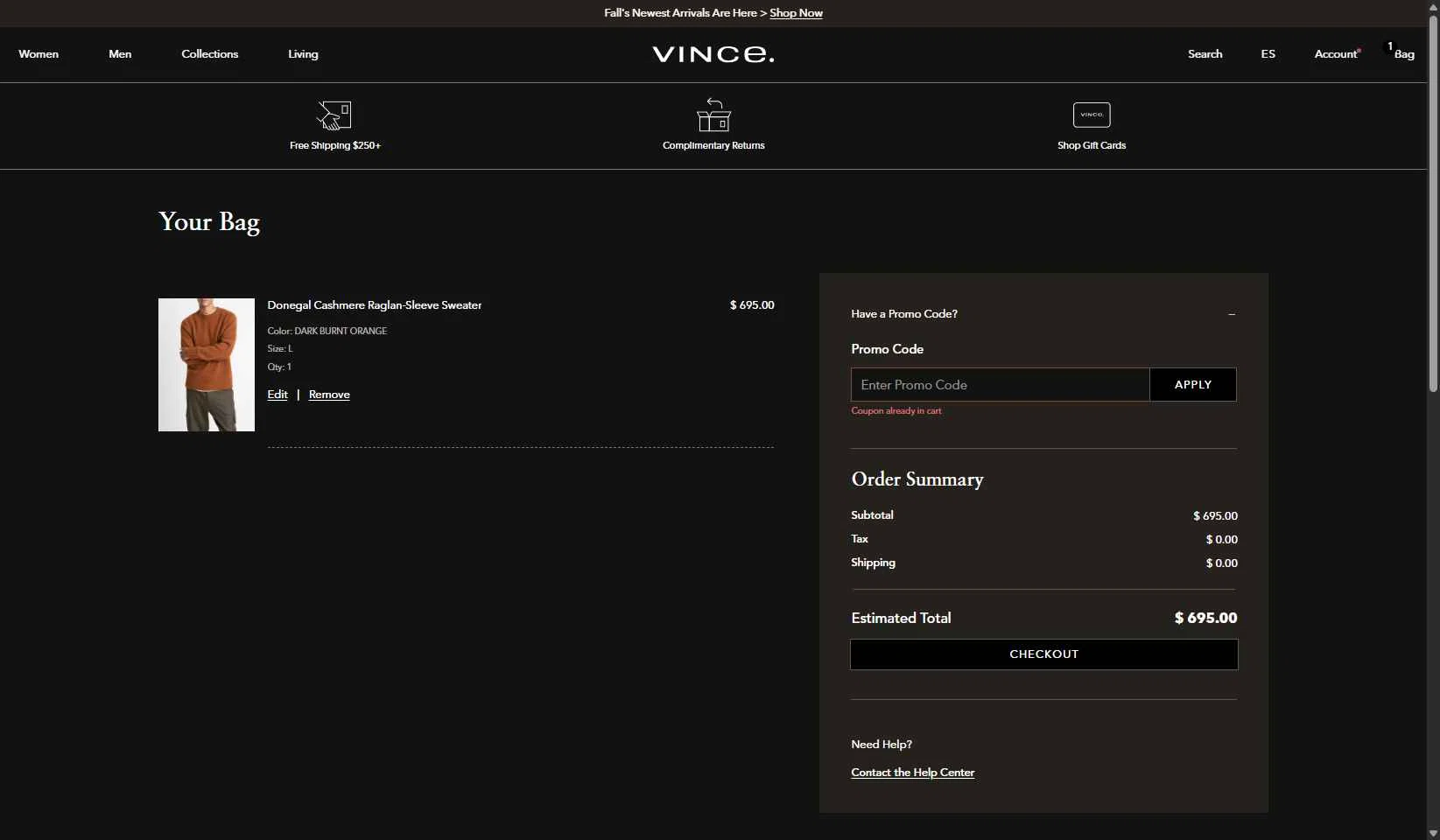Vince Unfold checkout page showing Vince Unfold promo code box | Screenshot taken by SimplyCodes community member on Oct 22, 2025