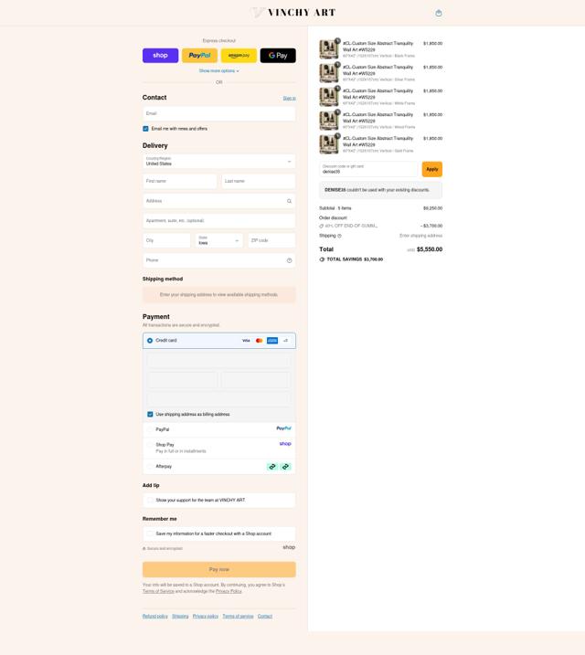 Vinchy Art checkout page showing Vinchy Art promo code box | Screenshot taken by SimplyCodes community member on Sep 12, 2025
