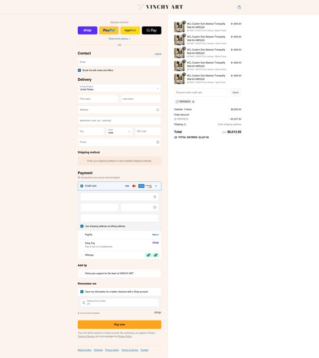 Vinchy Art checkout page showing Vinchy Art promo code box | Screenshot taken by SimplyCodes community member on Sep 8, 2025