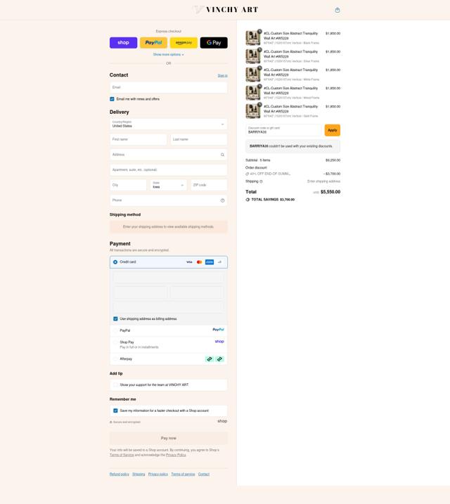 Vinchy Art checkout page showing Vinchy Art promo code box | Screenshot taken by SimplyCodes community member on Sep 12, 2025