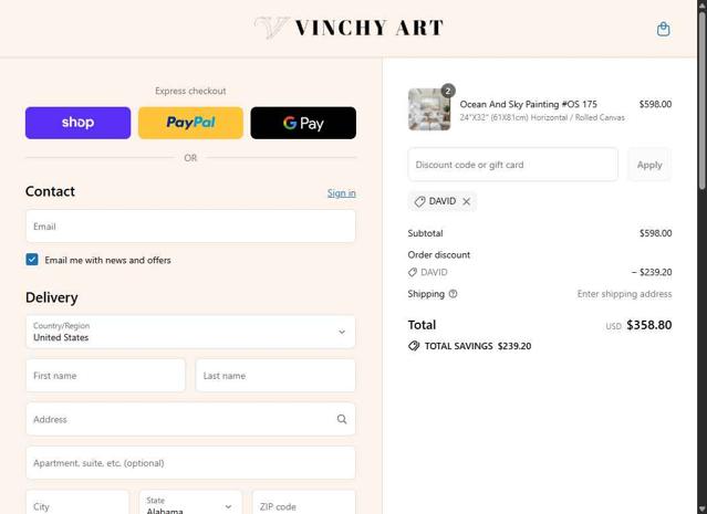 Vinchy Art checkout page showing Vinchy Art promo code box | Screenshot taken by SimplyCodes community member on Sep 12, 2025