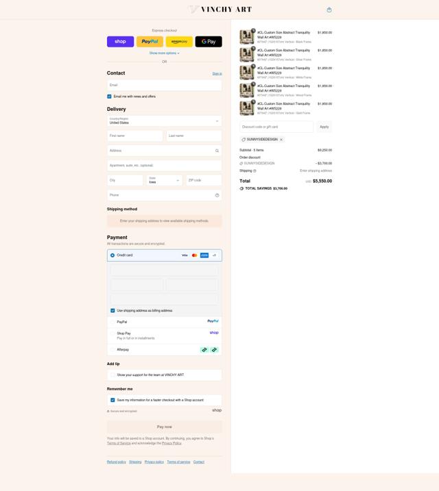 Vinchy Art checkout page showing Vinchy Art promo code box | Screenshot taken by SimplyCodes community member on Sep 12, 2025