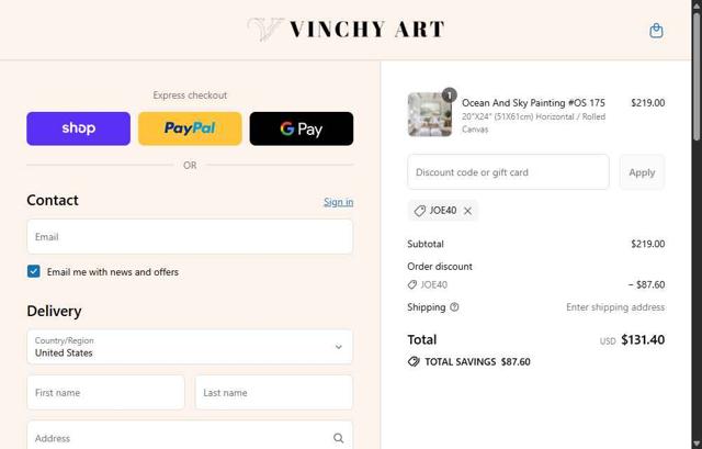 Vinchy Art checkout page showing Vinchy Art promo code box | Screenshot taken by SimplyCodes community member on Sep 12, 2025