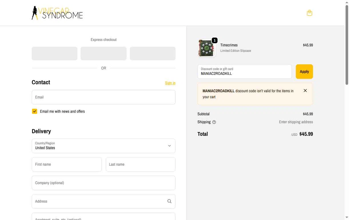Vinegar Syndrome checkout page showing Vinegar Syndrome discount code box | Screenshot taken by SimplyCodes community member on Dec 1, 2025