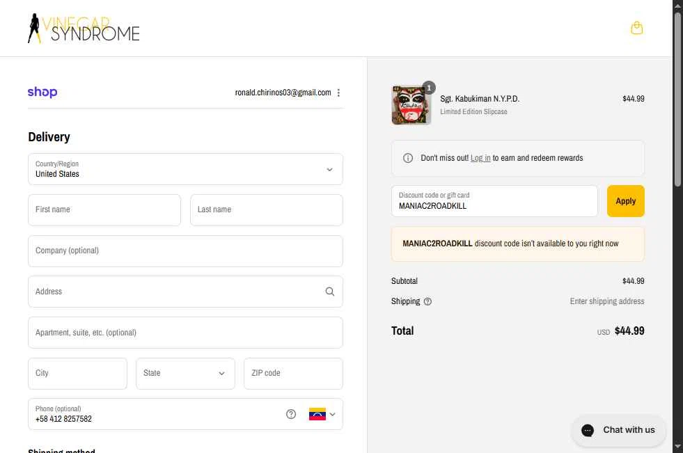 Vinegar Syndrome checkout page showing Vinegar Syndrome discount code box | Screenshot taken by SimplyCodes community member on Aug 29, 2025