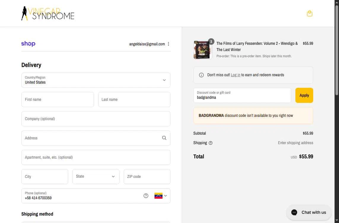 Vinegar Syndrome checkout page showing Vinegar Syndrome discount code box | Screenshot taken by SimplyCodes community member on Sep 8, 2025