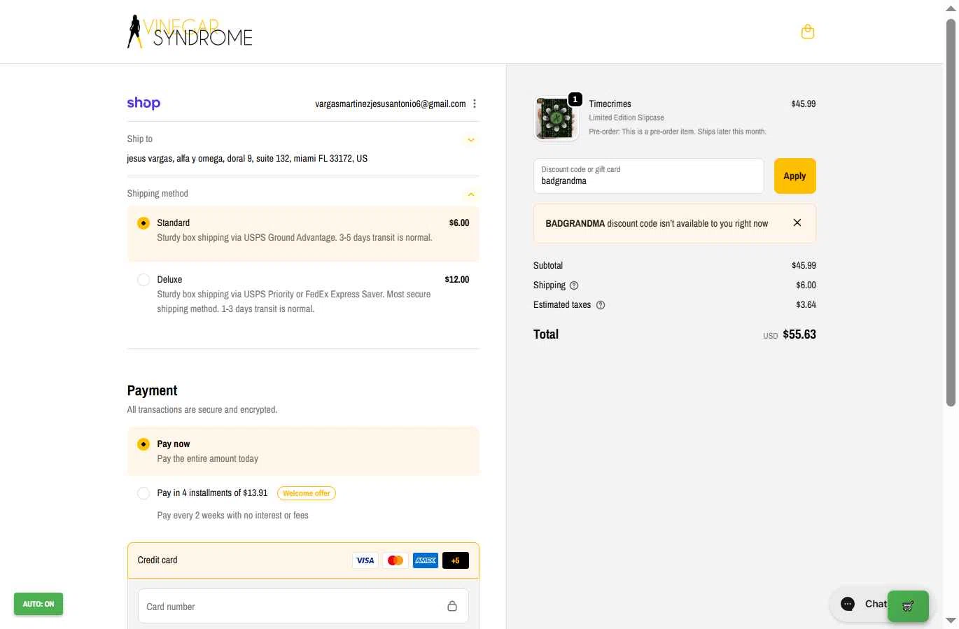 Vinegar Syndrome checkout page showing Vinegar Syndrome discount code box | Screenshot taken by SimplyCodes community member on Nov 15, 2025