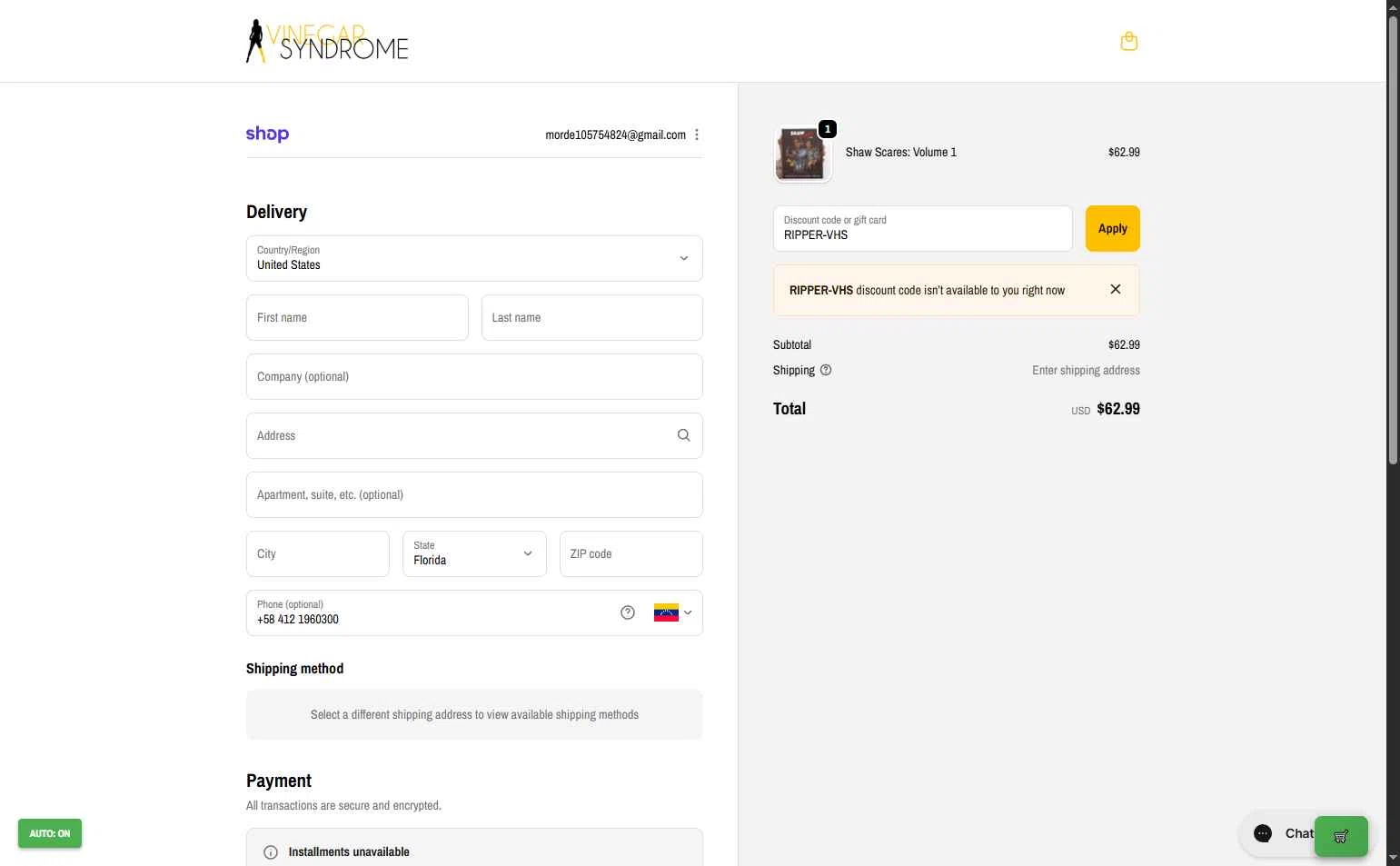 Vinegar Syndrome checkout page showing Vinegar Syndrome discount code box | Screenshot taken by SimplyCodes community member on Nov 28, 2025