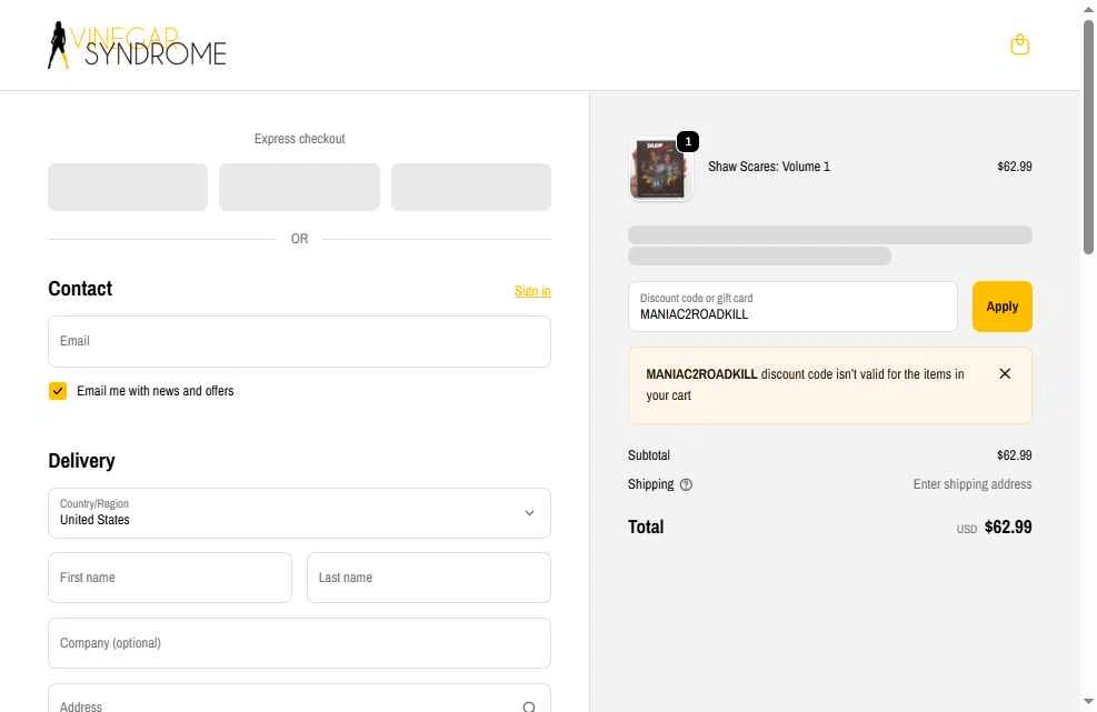 Vinegar Syndrome checkout page showing Vinegar Syndrome discount code box | Screenshot taken by SimplyCodes community member on Nov 28, 2025