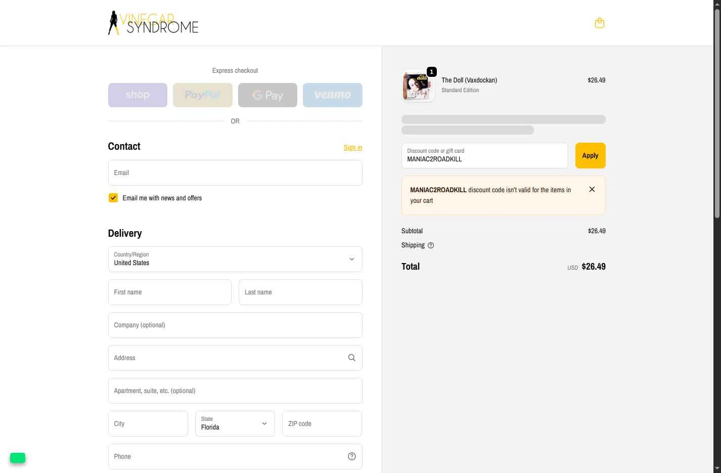 Vinegar Syndrome checkout page showing Vinegar Syndrome discount code box | Screenshot taken by SimplyCodes community member on Dec 12, 2025