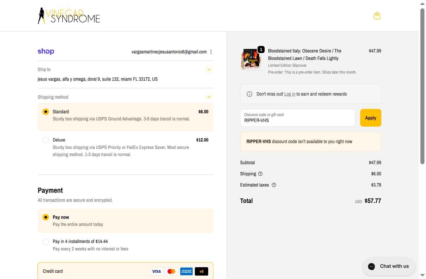 Vinegar Syndrome checkout page showing Vinegar Syndrome discount code box | Screenshot taken by SimplyCodes community member on Sep 26, 2025