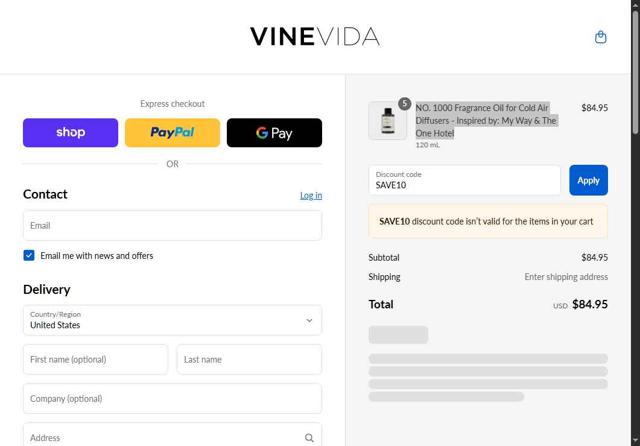 Vinevida checkout page showing Vinevida discount code box | Screenshot taken by SimplyCodes community member on Sep 7, 2025