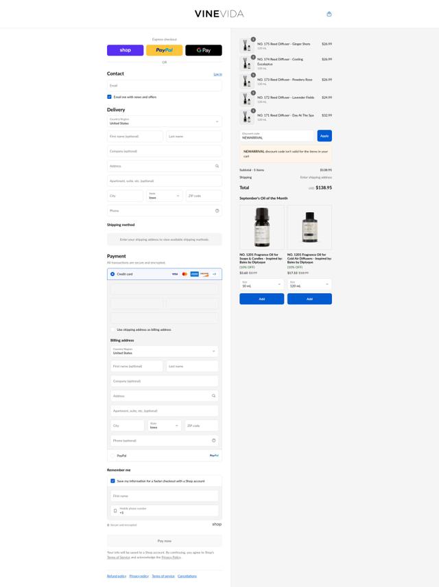 Vinevida checkout page showing Vinevida discount code box | Screenshot taken by SimplyCodes community member on Sep 5, 2025