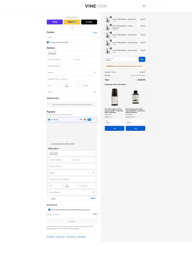 Vinevida checkout page showing Vinevida discount code box | Screenshot taken by SimplyCodes community member on Sep 13, 2025
