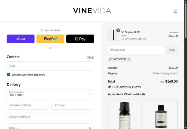 Vinevida checkout page showing Vinevida discount code box | Screenshot taken by SimplyCodes community member on Sep 12, 2025