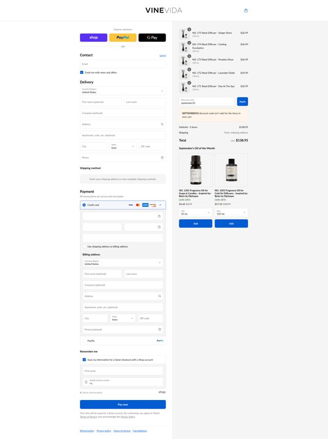Vinevida checkout page showing Vinevida discount code box | Screenshot taken by SimplyCodes community member on Sep 5, 2025