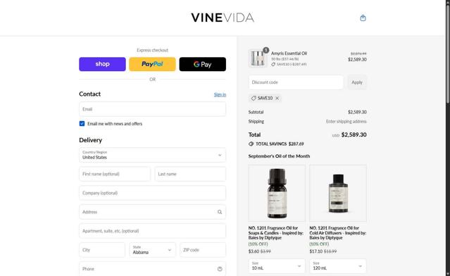 Vinevida checkout page showing Vinevida discount code box | Screenshot taken by SimplyCodes community member on Sep 13, 2025
