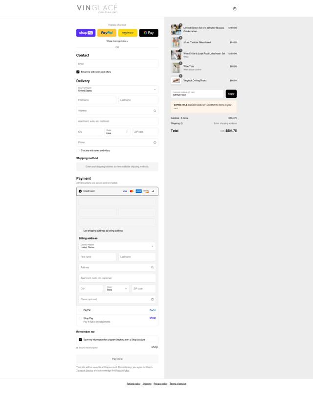 Vinglace checkout page showing Vinglace coupon code box | Screenshot taken by SimplyCodes community member on Aug 27, 2025