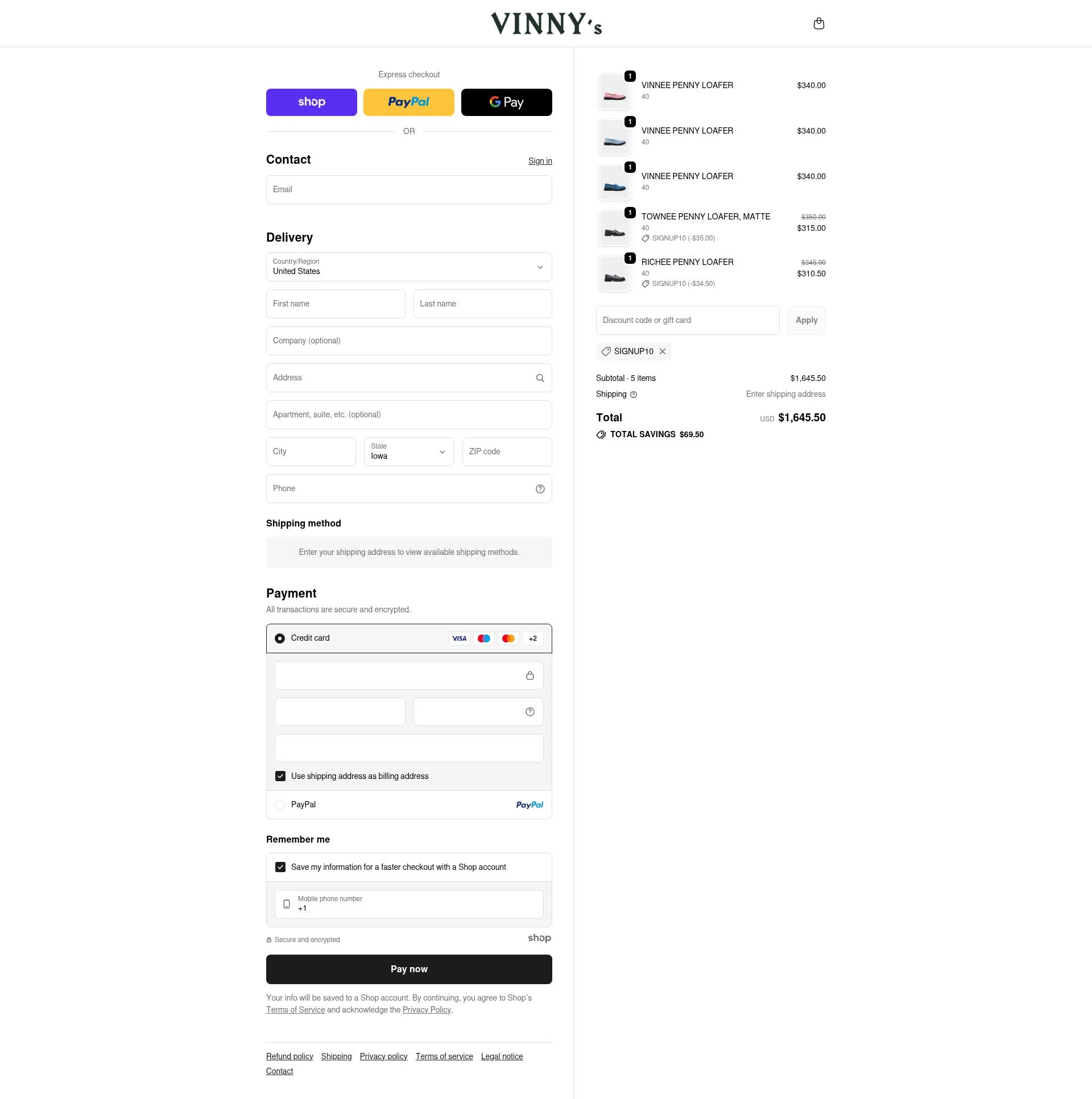 VINNY's checkout page showing VINNY's promo code box | Screenshot taken by SimplyCodes community member on Nov 27, 2025