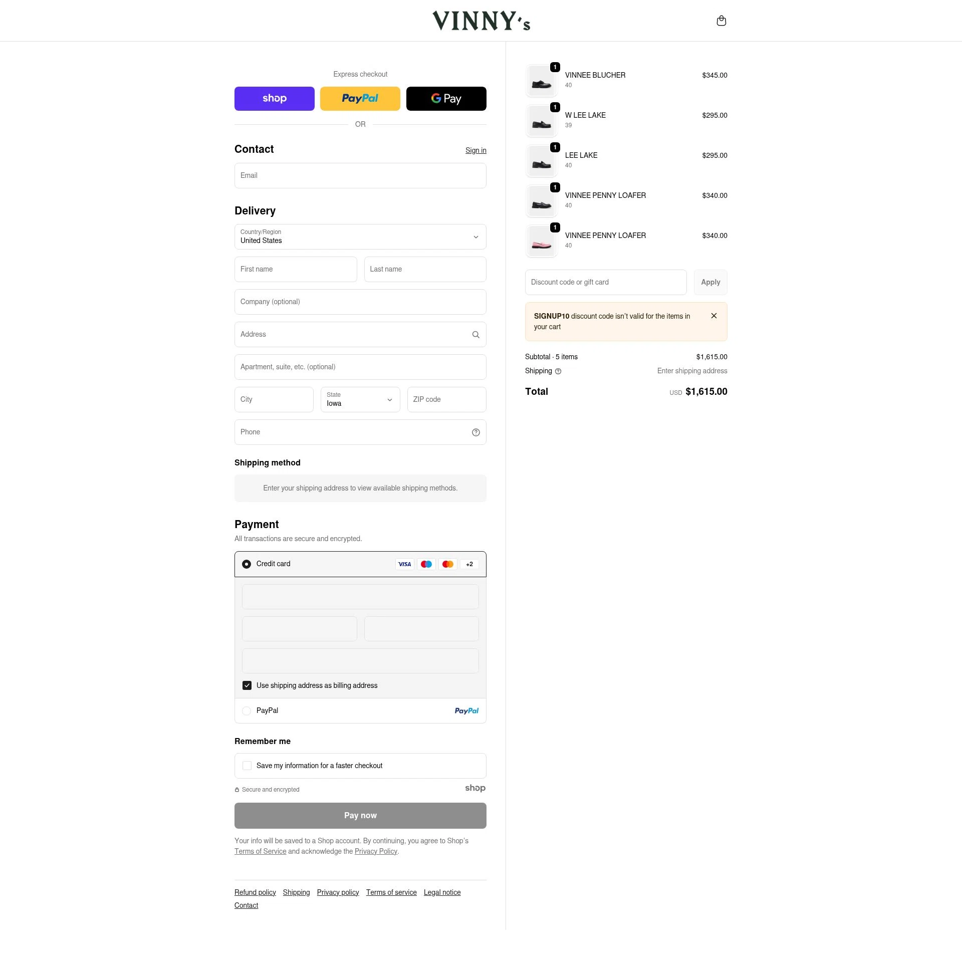 VINNY's checkout page showing VINNY's promo code box | Screenshot taken by SimplyCodes community member on Dec 20, 2025