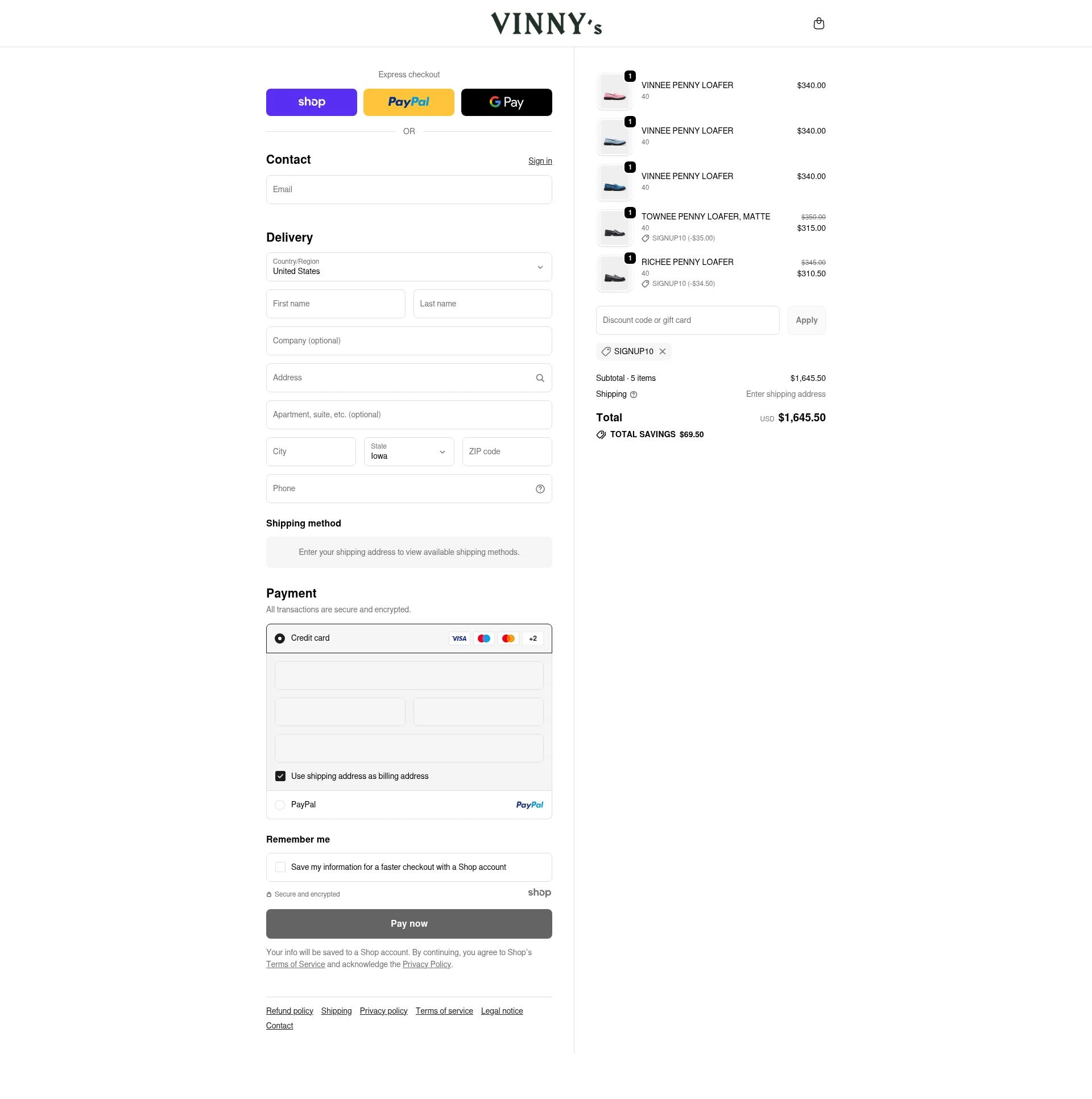 VINNY's checkout page showing VINNY's promo code box | Screenshot taken by SimplyCodes community member on Dec 2, 2025