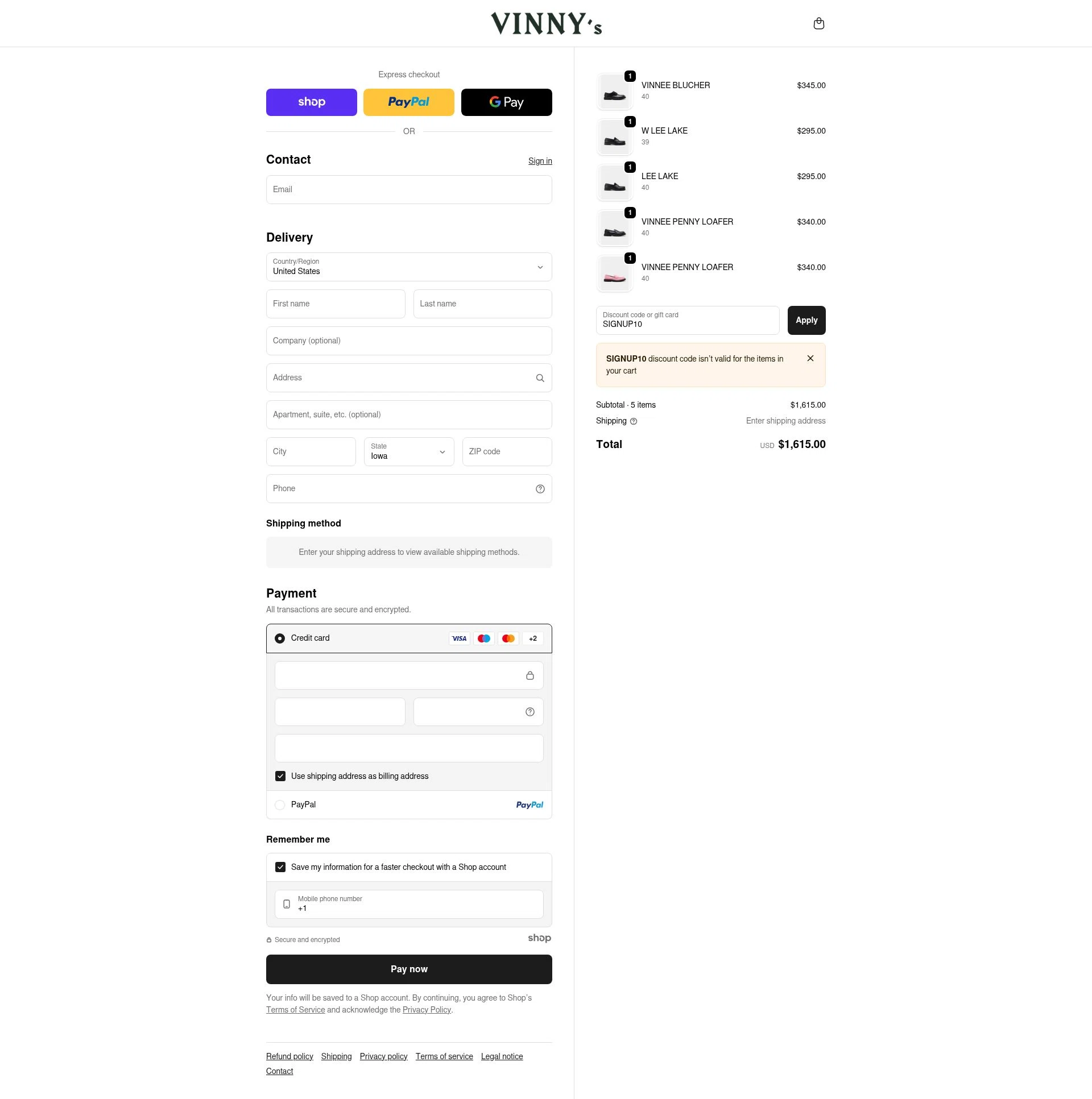VINNY's checkout page showing VINNY's promo code box | Screenshot taken by SimplyCodes community member on Dec 8, 2025
