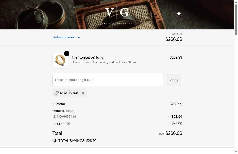 Vintage Gentlemen checkout page showing Vintage Gentlemen coupon code box | Screenshot taken by SimplyCodes community member on Dec 29, 2025