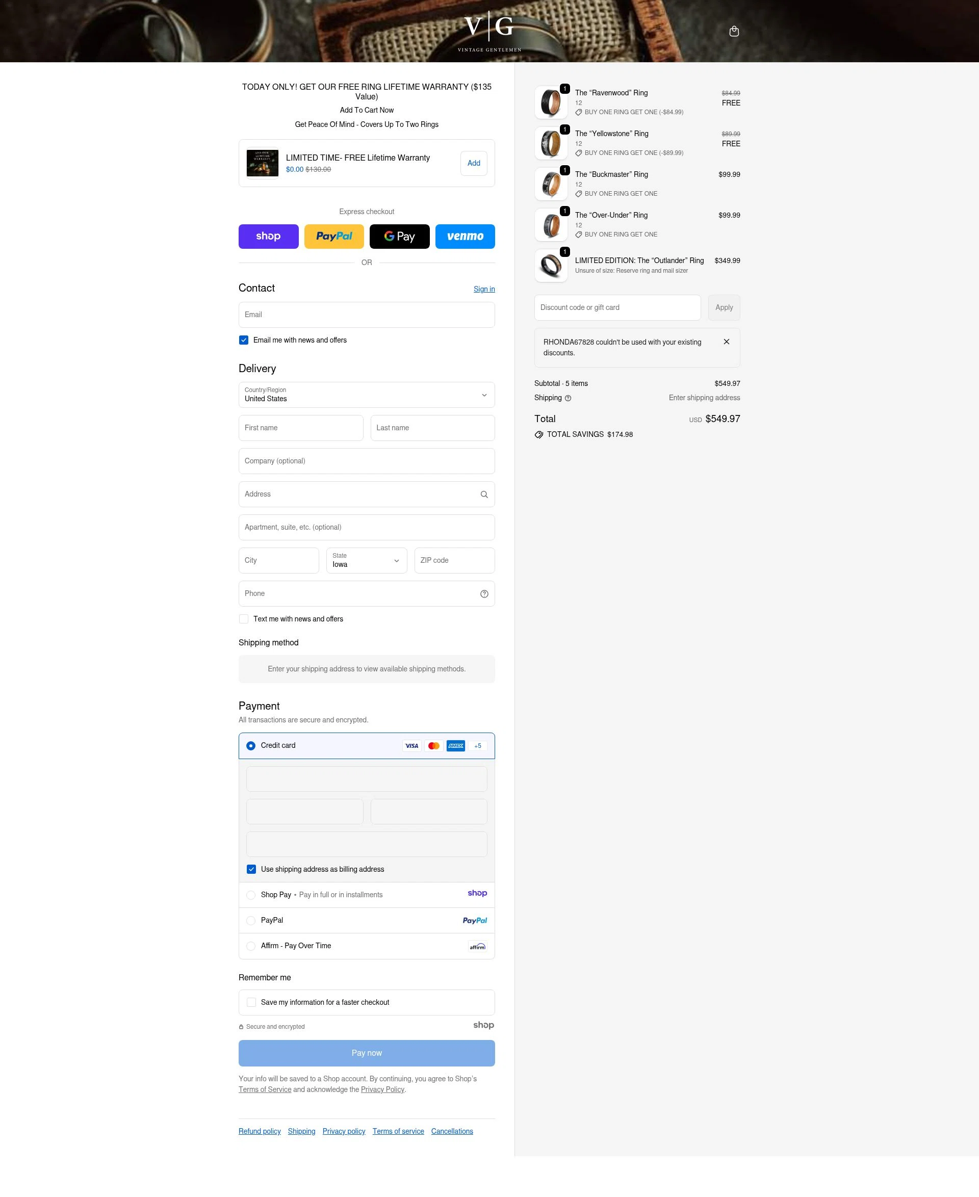 Vintage Gentlemen checkout page showing Vintage Gentlemen coupon code box | Screenshot taken by SimplyCodes community member on Dec 29, 2025