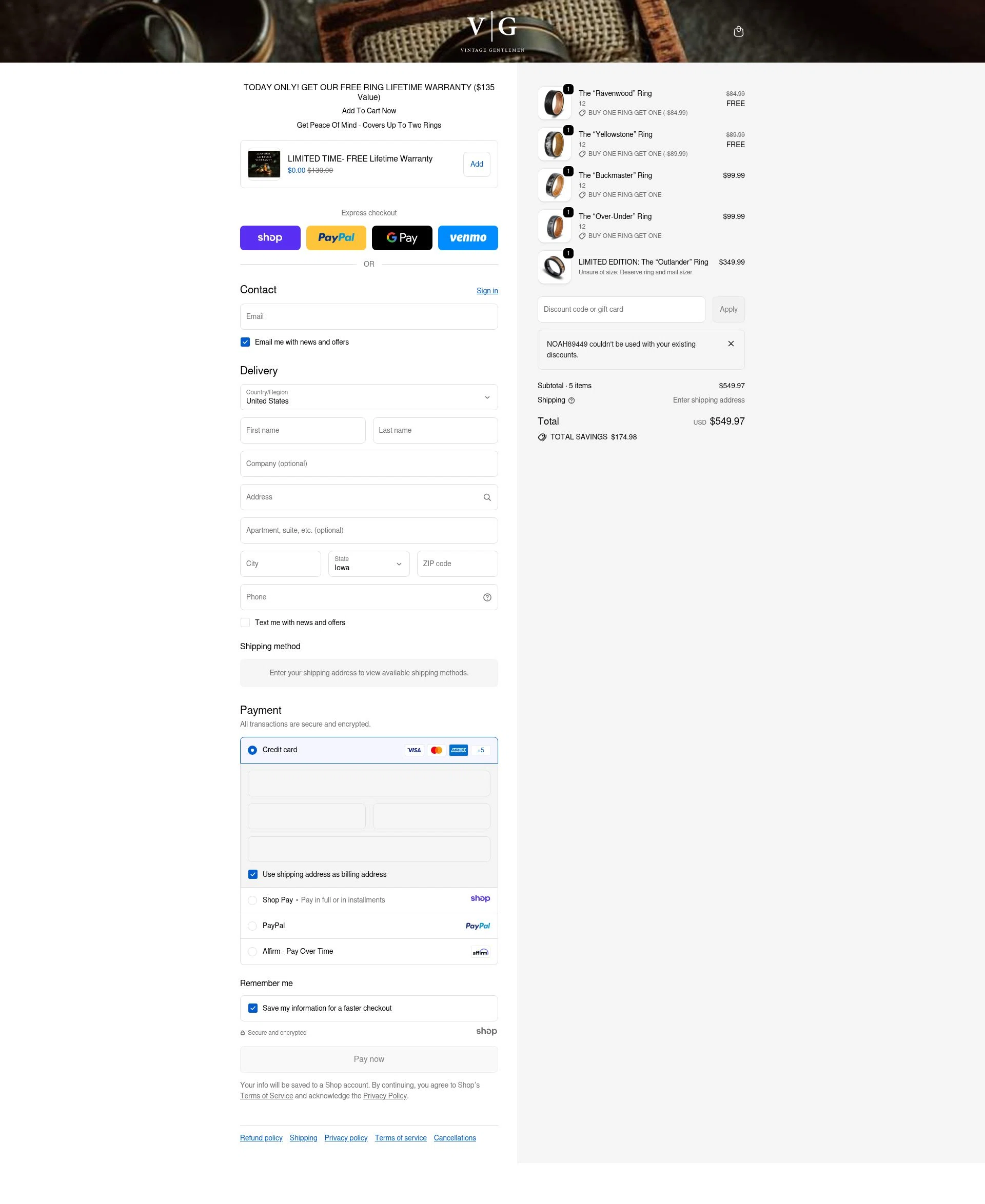 Vintage Gentlemen checkout page showing Vintage Gentlemen coupon code box | Screenshot taken by SimplyCodes community member on Dec 29, 2025