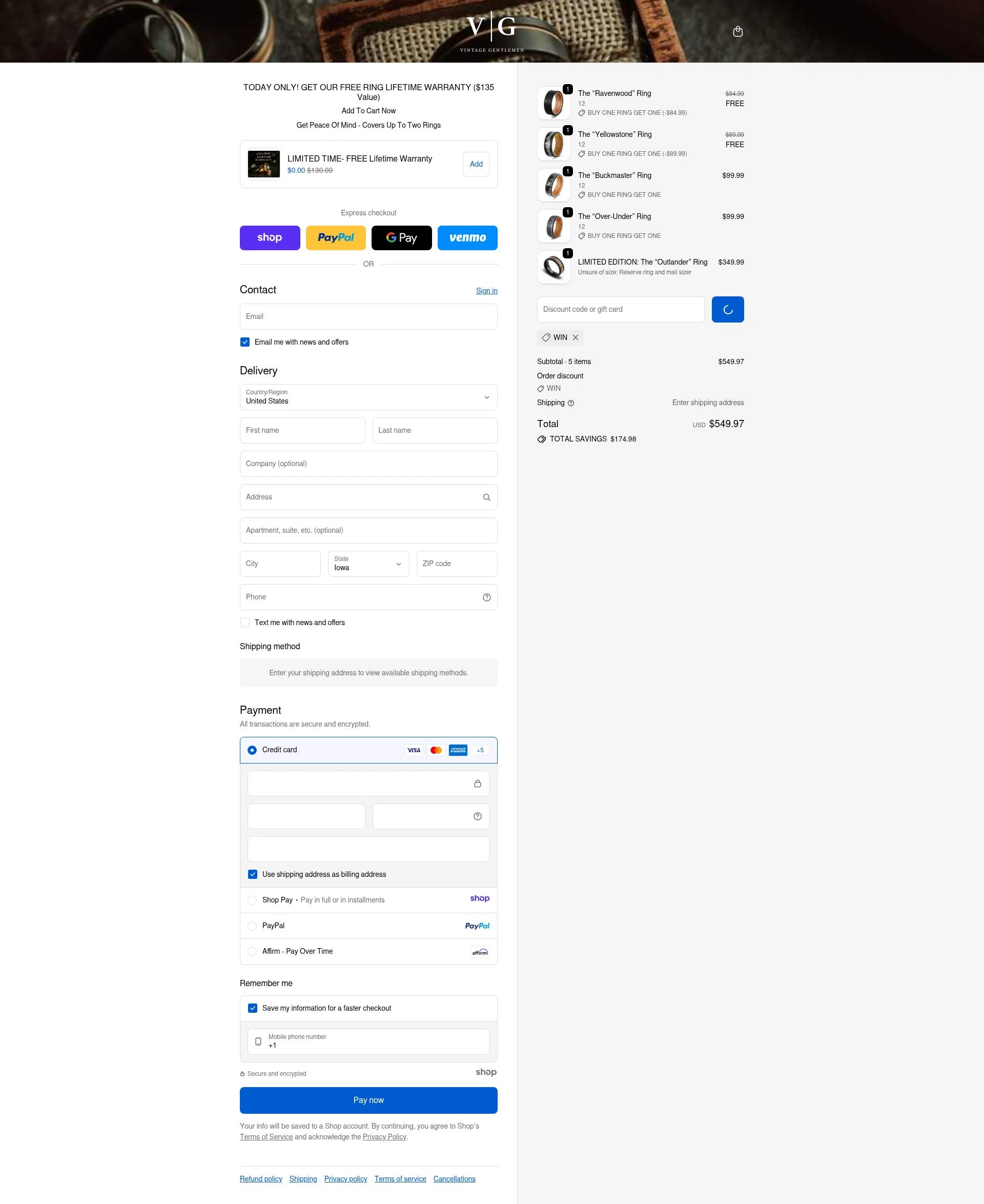 Vintage Gentlemen checkout page showing Vintage Gentlemen coupon code box | Screenshot taken by SimplyCodes community member on Dec 29, 2025