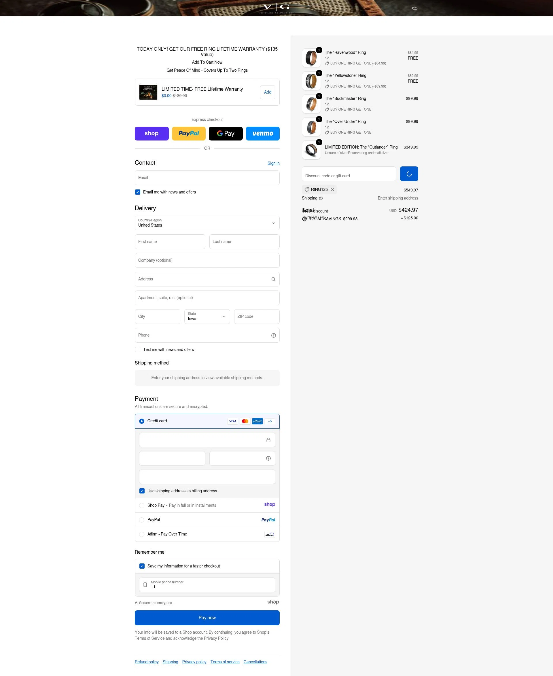 Vintage Gentlemen checkout page showing Vintage Gentlemen coupon code box | Screenshot taken by SimplyCodes community member on Dec 29, 2025