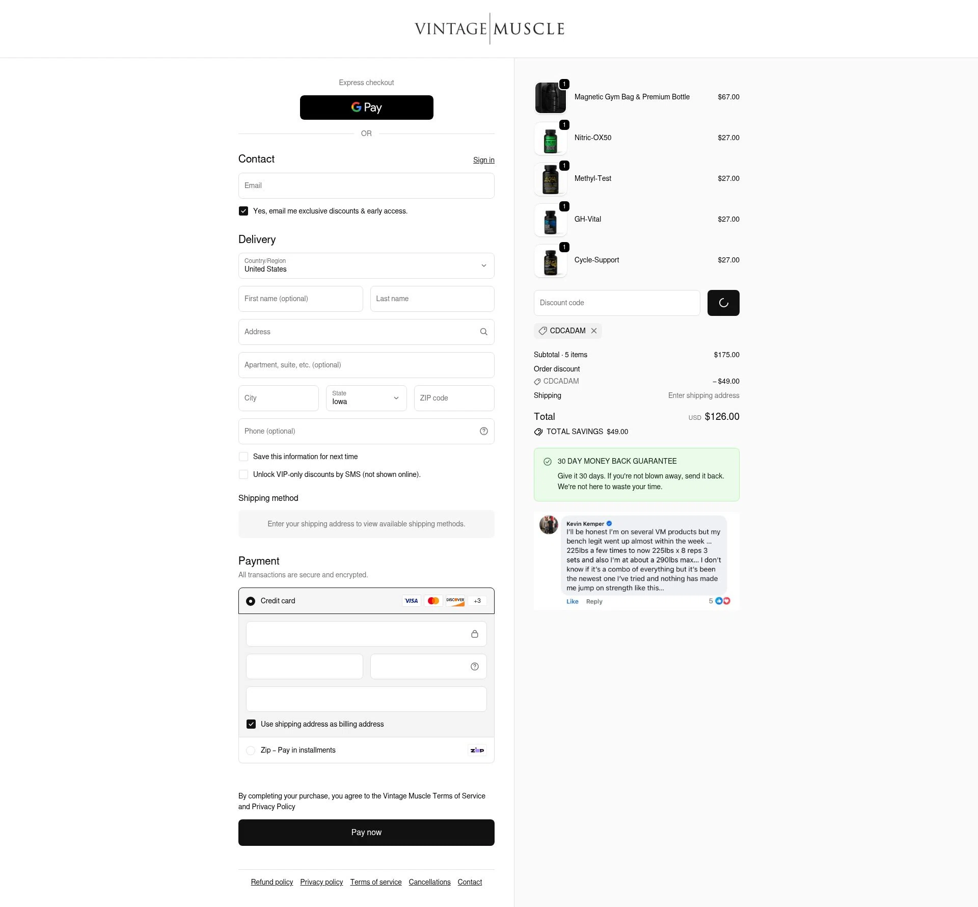 Vintage Muscle checkout page showing Vintage Muscle discount code box | Screenshot taken by SimplyCodes community member on Feb 11, 2026