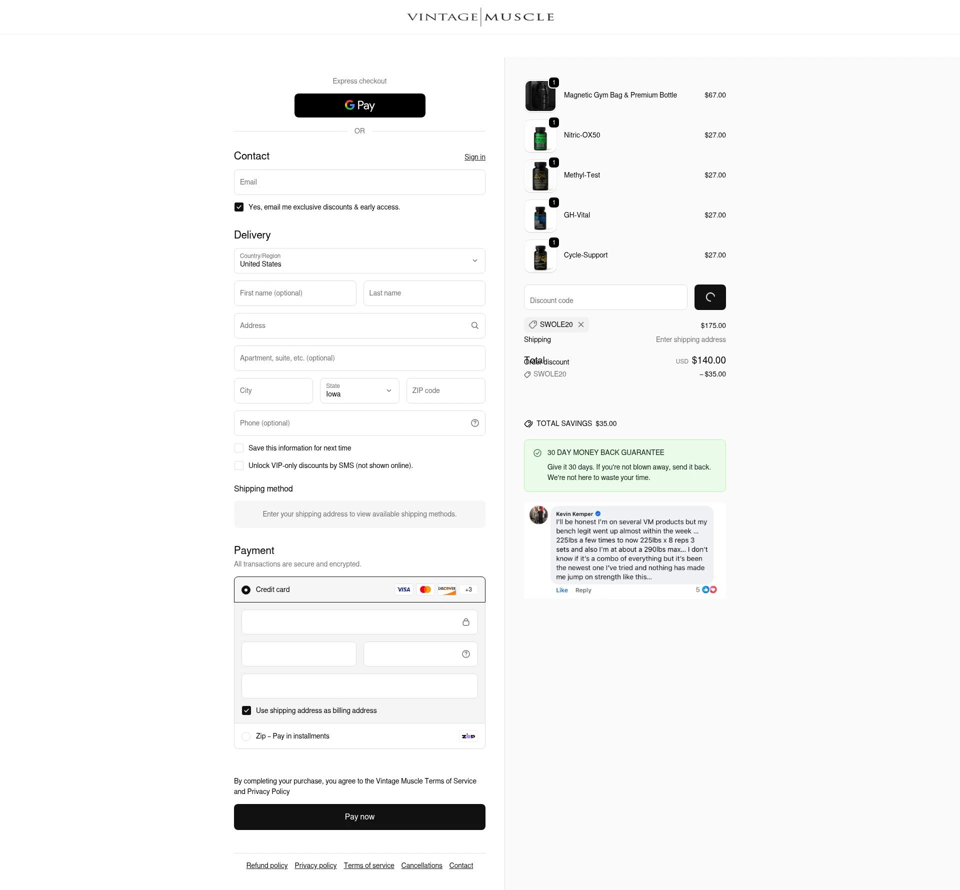 Vintage Muscle checkout page showing Vintage Muscle discount code box | Screenshot taken by SimplyCodes community member on Feb 11, 2026