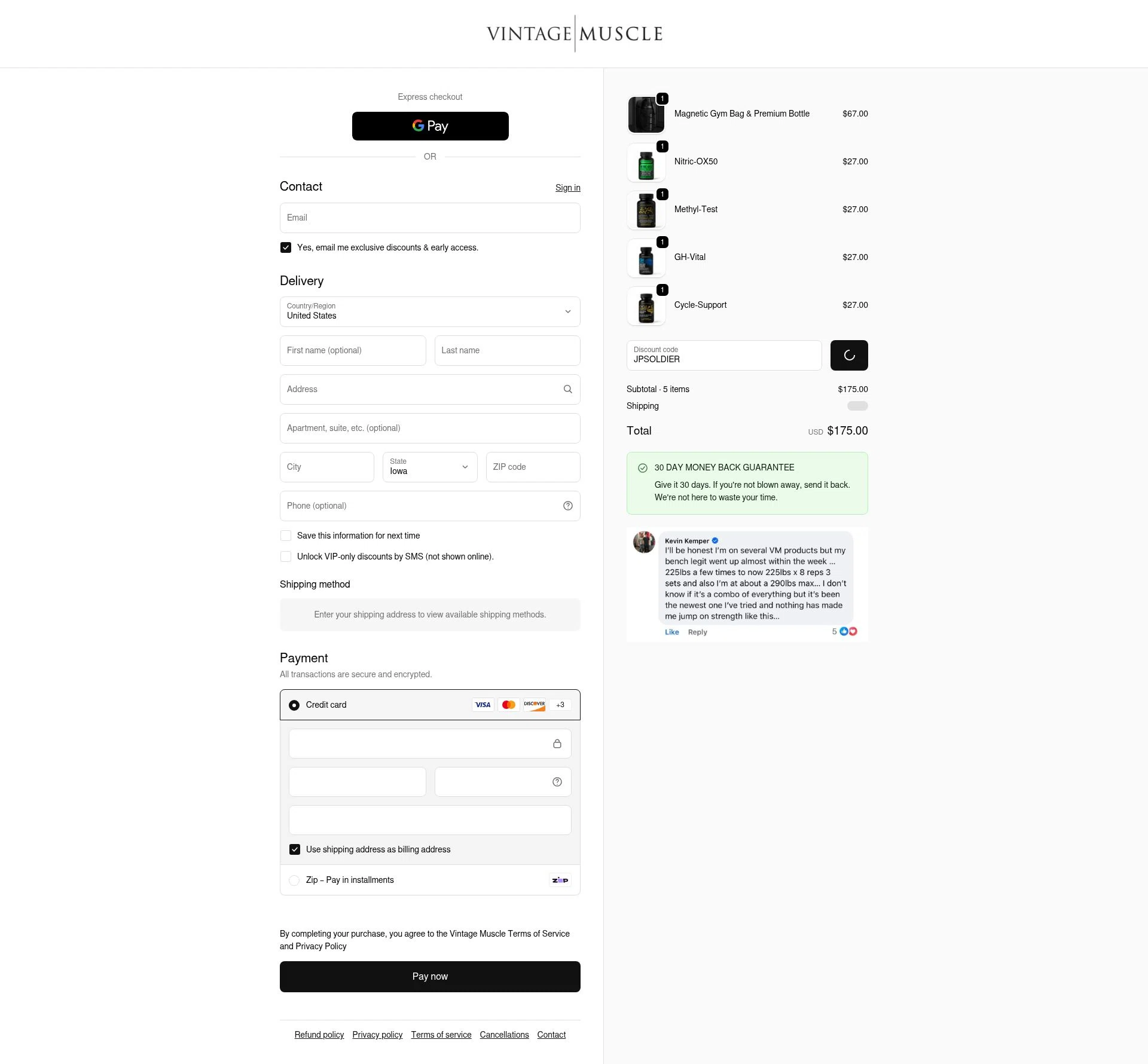 Vintage Muscle checkout page showing Vintage Muscle discount code box | Screenshot taken by SimplyCodes community member on Feb 11, 2026