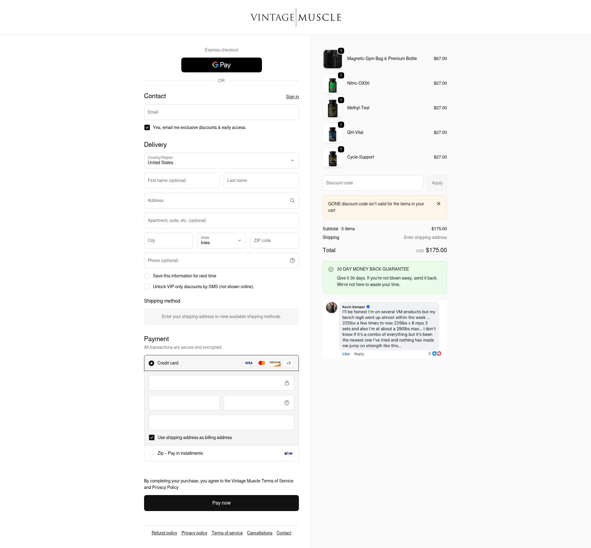 Vintage Muscle checkout page showing Vintage Muscle discount code box | Screenshot taken by SimplyCodes community member on Feb 11, 2026