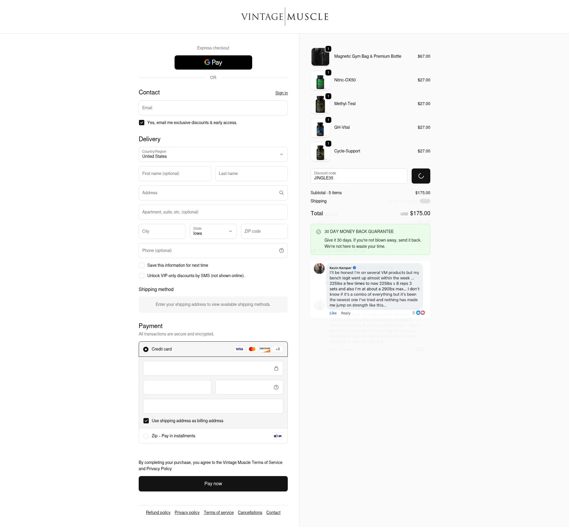 Vintage Muscle checkout page showing Vintage Muscle discount code box | Screenshot taken by SimplyCodes community member on Feb 11, 2026